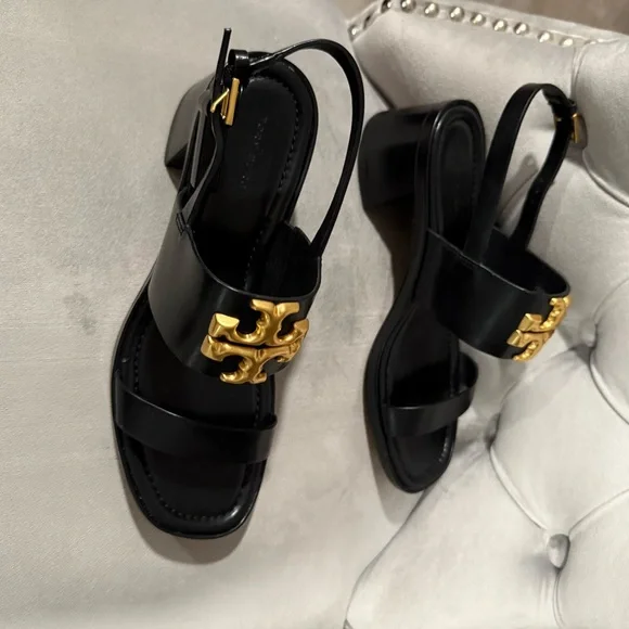 NWT Tory Burch ELEANOR  Black Sandals with Gold Accent - Picture 5 of 7